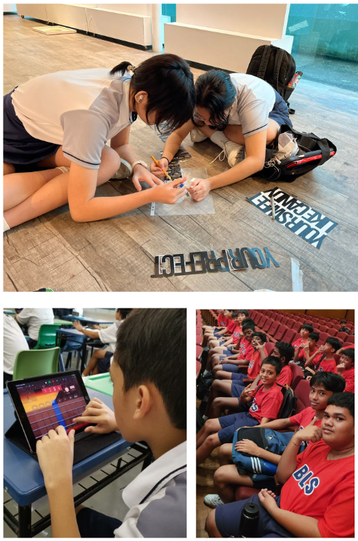 Two students arrange letter cutouts on a floor, a student uses a tablet, and children in red shirts sit in an auditorium.