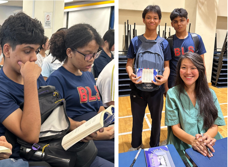 Two students reading books on the left; on the right, a smiling woman sits at a signing table with two BLS students.