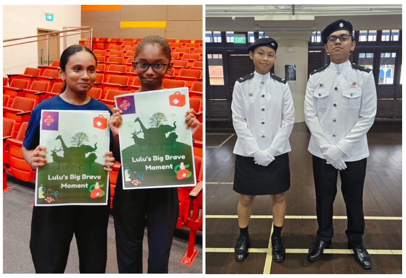 Two girls hold "Lulu's Big Brave Moment" posters; separately, two youth in white uniforms and berets stand in a hall.