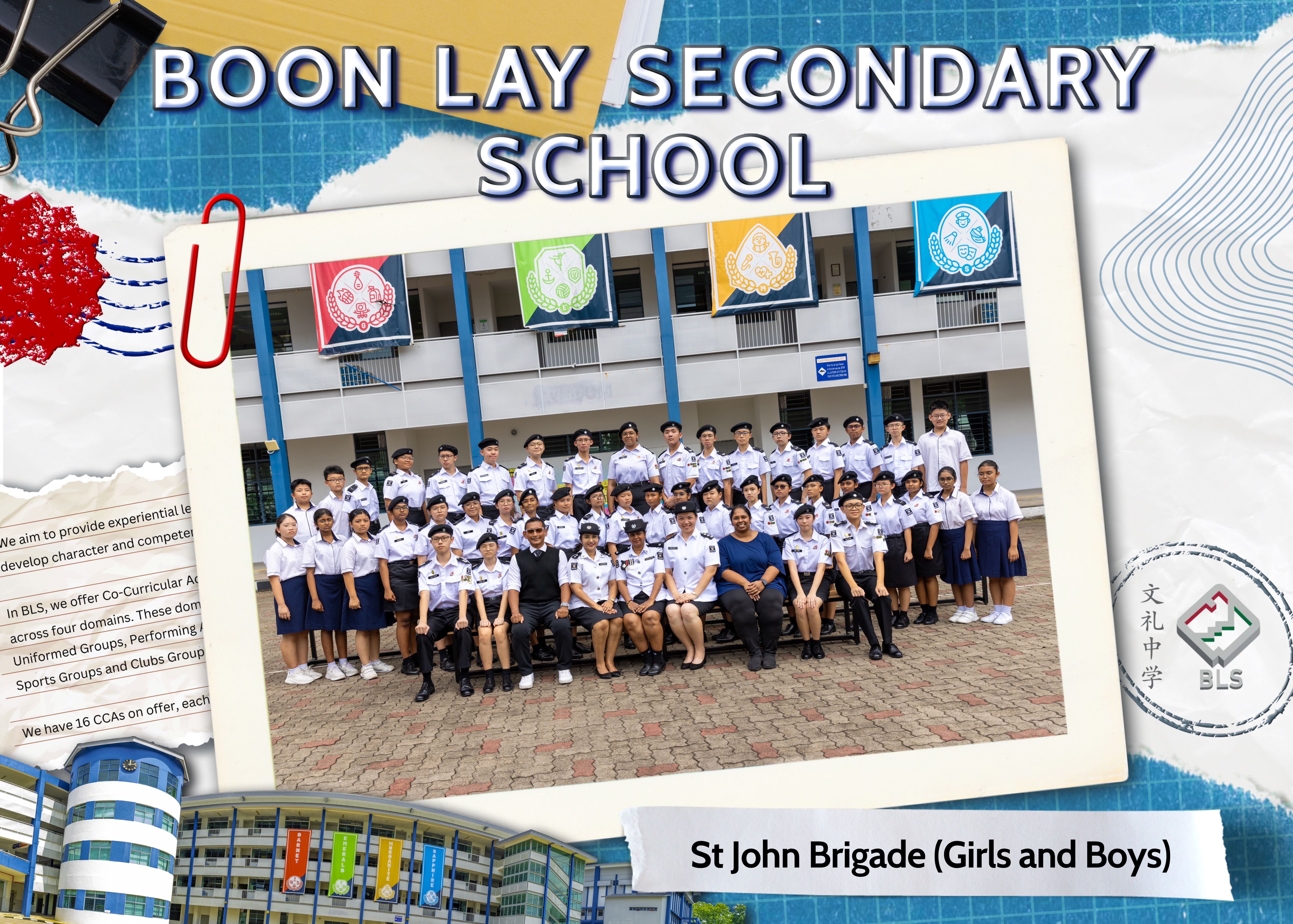 Boon Lay Secondary School St John Brigade group photo of uniformed students and teachers posing outdoors.