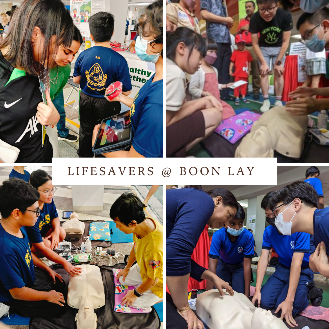 Four photos from a CPR and first aid training event called Lifesavers at Boon Lay, showing children and adults practicing on mannequins.