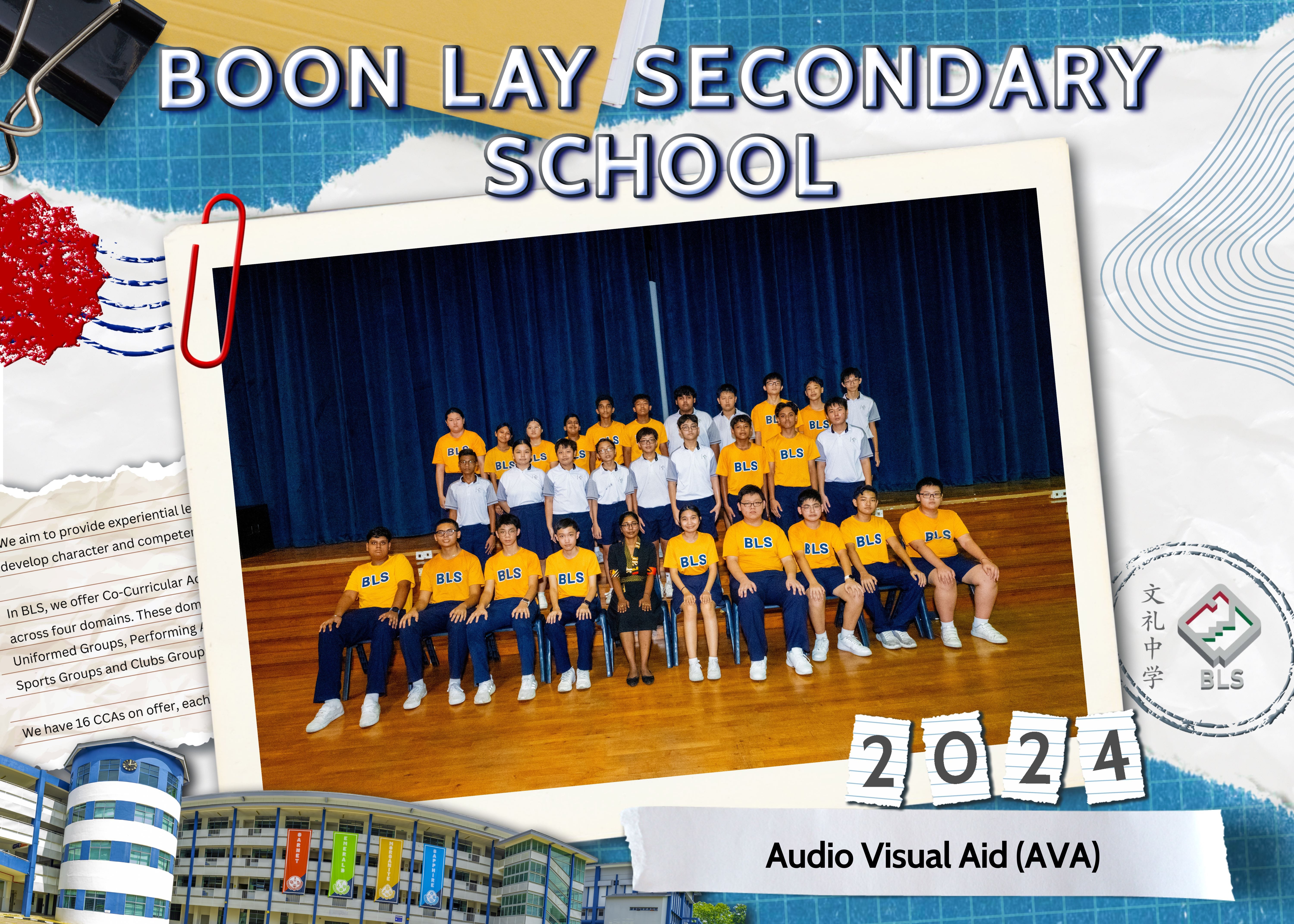 Boon Lay Secondary School 2024 Audio Visual Aid club group photo of students in yellow BLS shirts.
