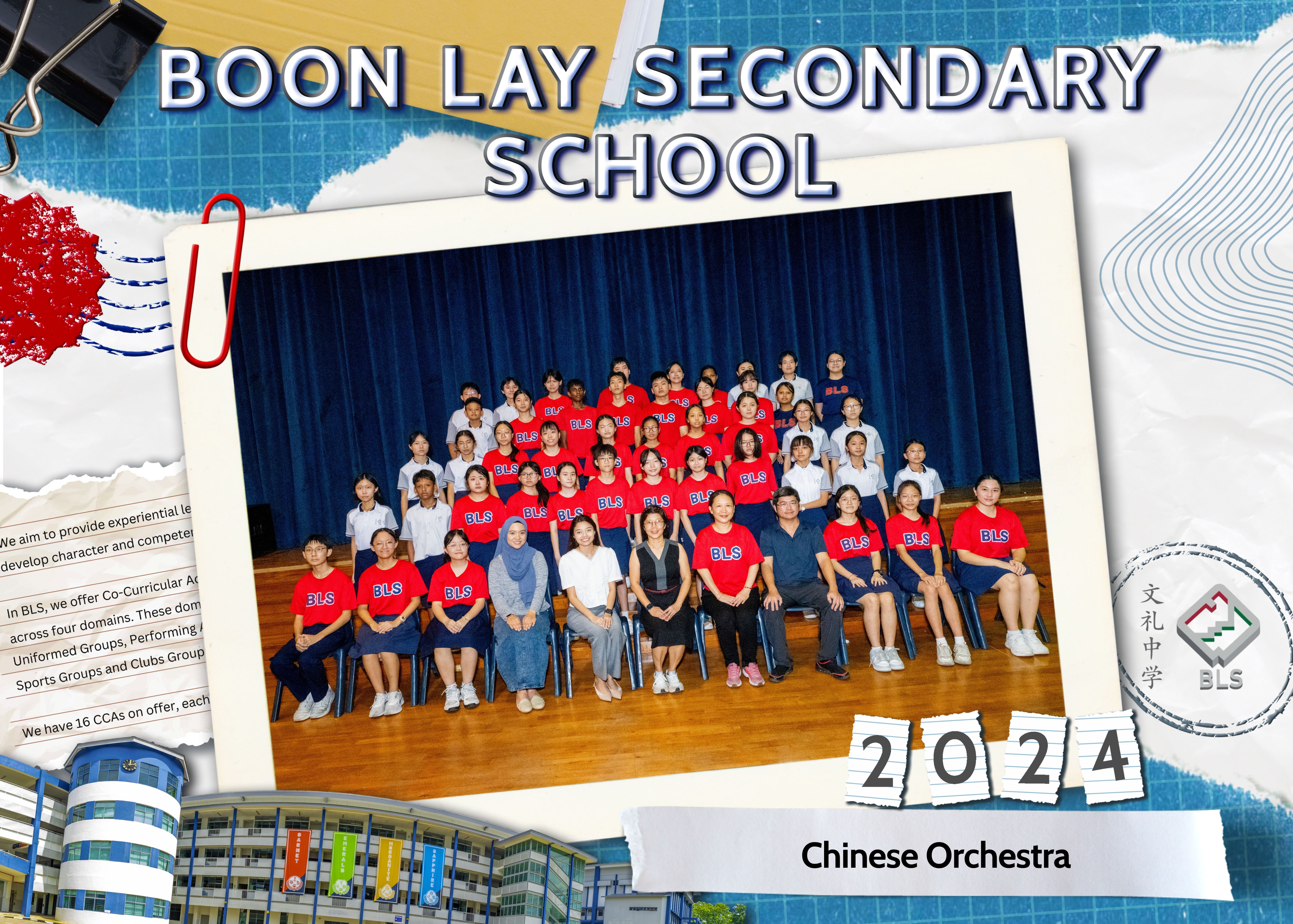 2024 Boon Lay Secondary School Chinese Orchestra group photo with students in red BLS shirts posing on a stage.