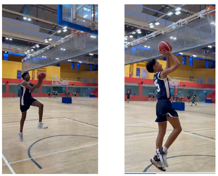 Two side-by-side shots of a young player in navy uniform jumping to shoot a basketball toward an indoor hoop.