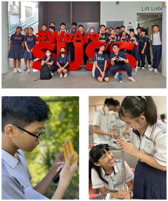 Students in school uniforms pose by a WeAreSUSS sign, while others examine equipment and use a device outdoors.