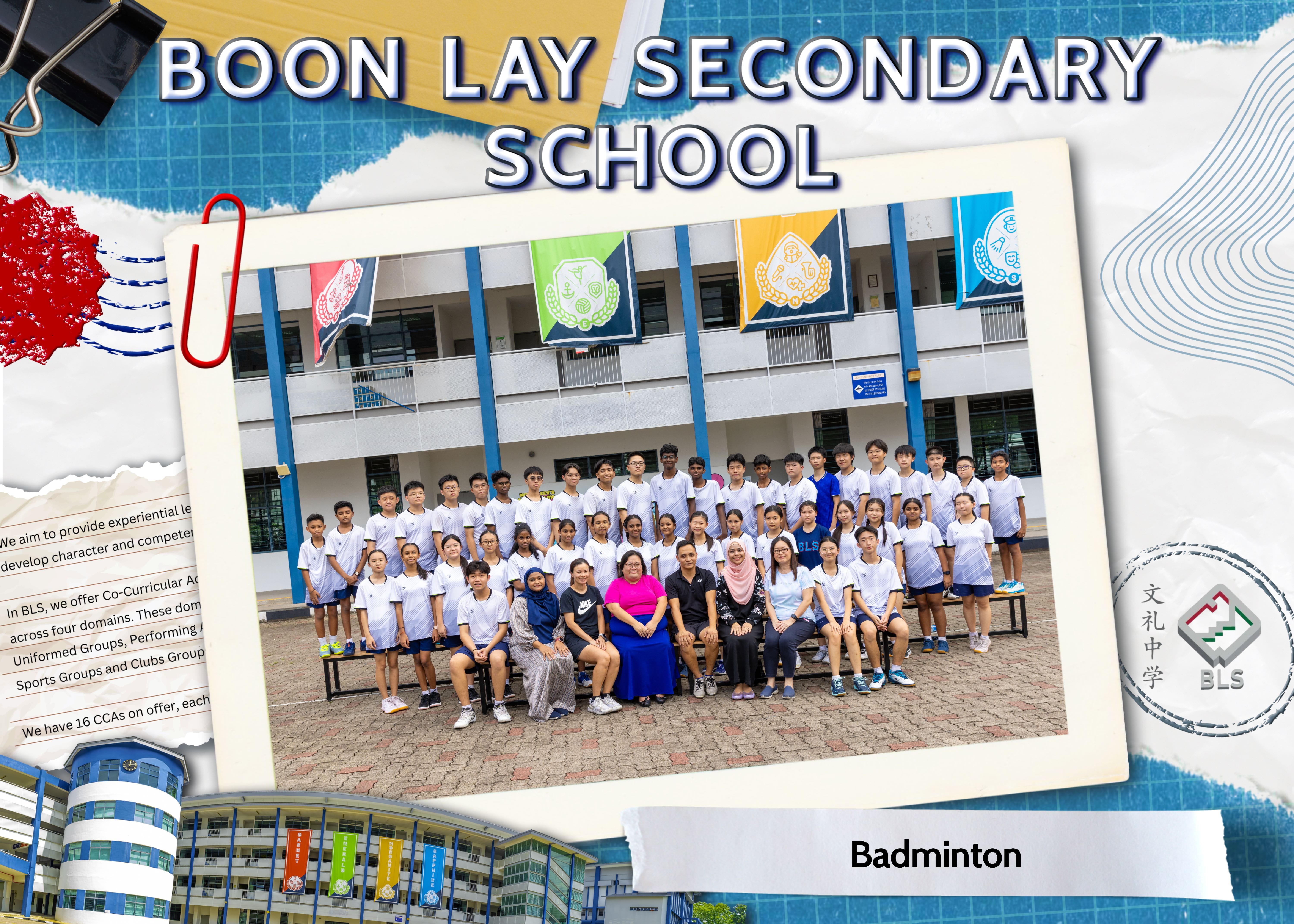 Boon Lay Secondary School badminton team group photo with students and teachers posing outdoors in white uniforms.
