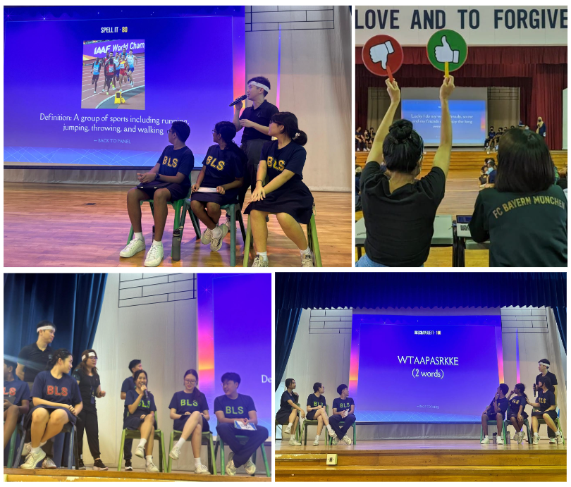 Students in BLS shirts participate in a school spelling competition on stage with quiz slides displayed.