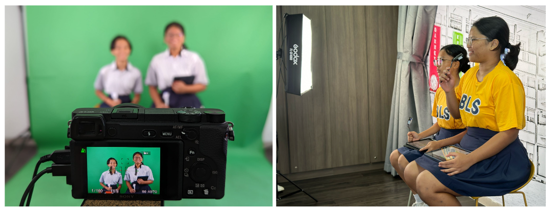 Two students filmed in front of a green screen; on the right, two people in yellow BLS shirts sit under a studio light.
