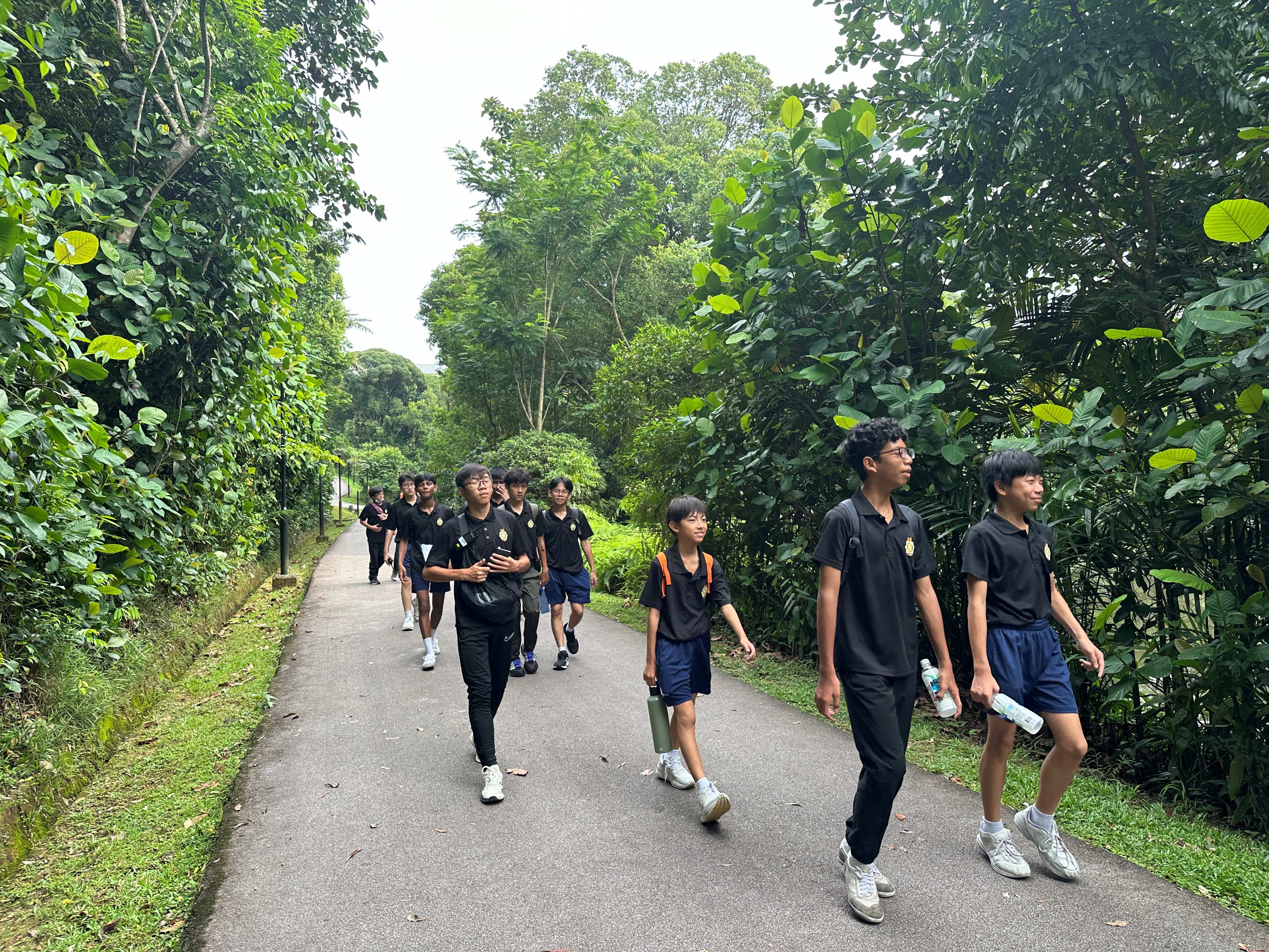 A group of students in black uniforms walking along a tree-lined path surrounded by lush green vegetation.