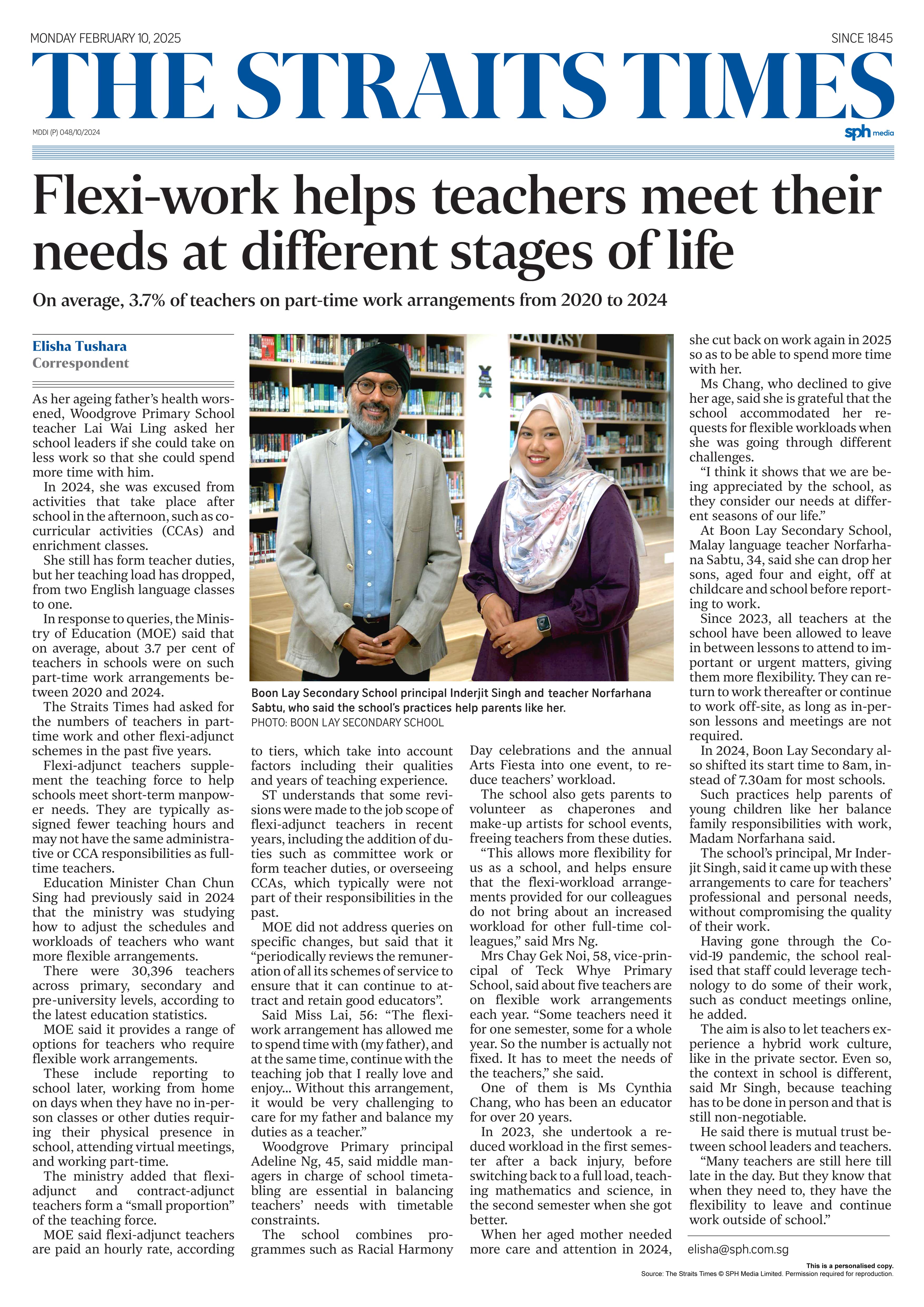 The Straits Times front page dated February 10, 2025, featuring two people posing in a school library.