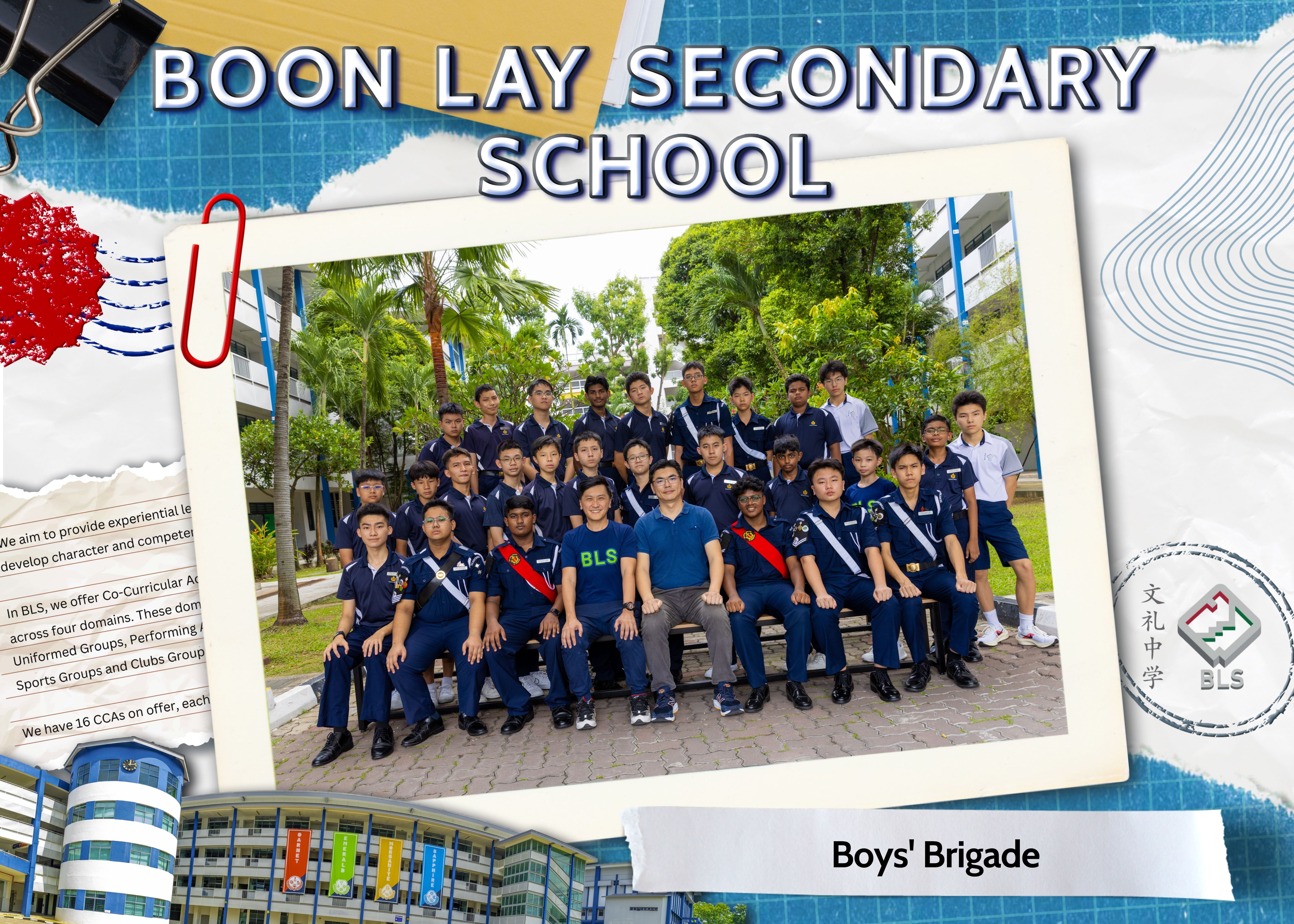 Boon Lay Secondary School Boys' Brigade group photo of students in navy uniforms posing outdoors with teachers.