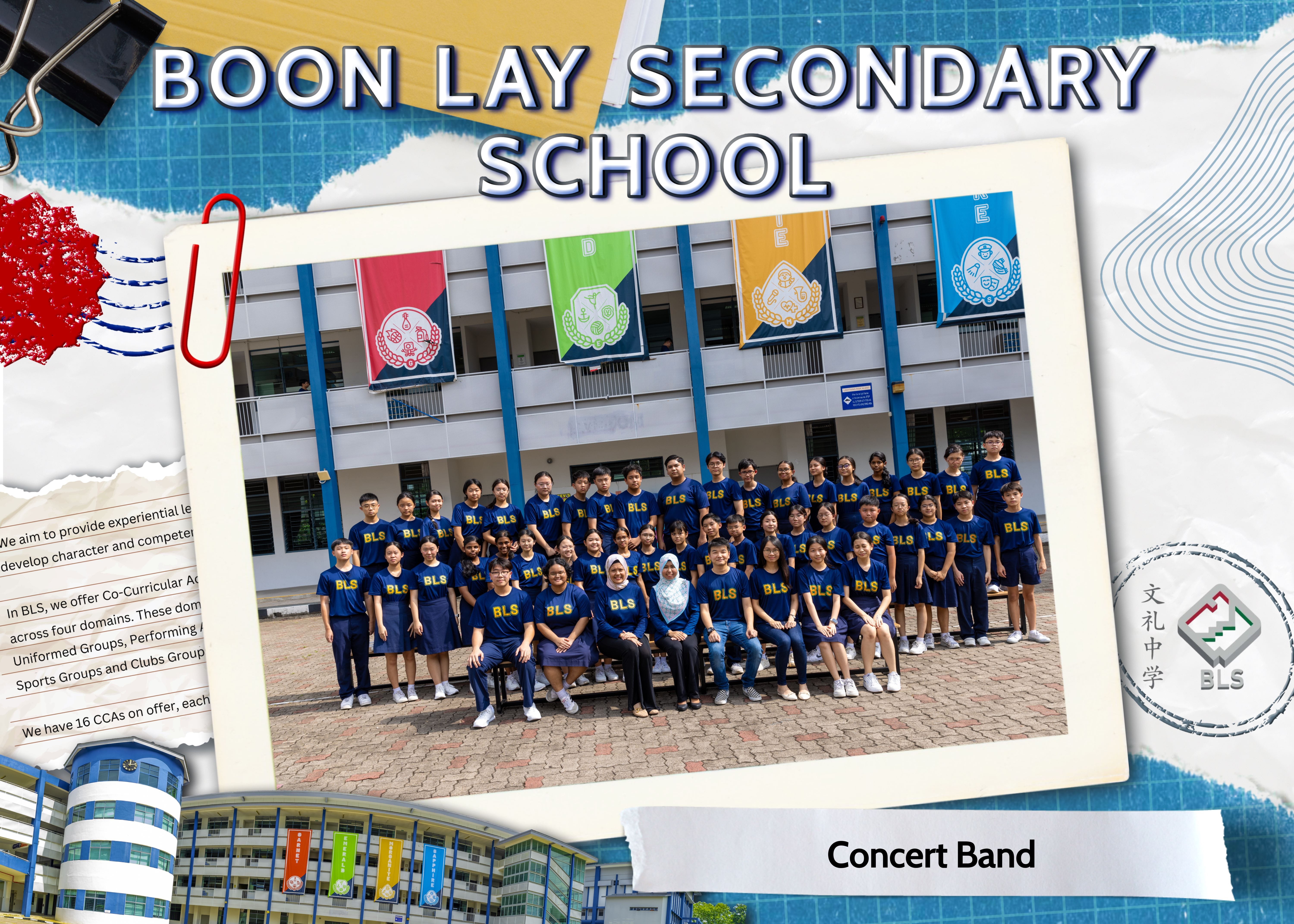 Boon Lay Secondary School Concert Band group photo of students in navy blue BLS shirts posing outdoors.