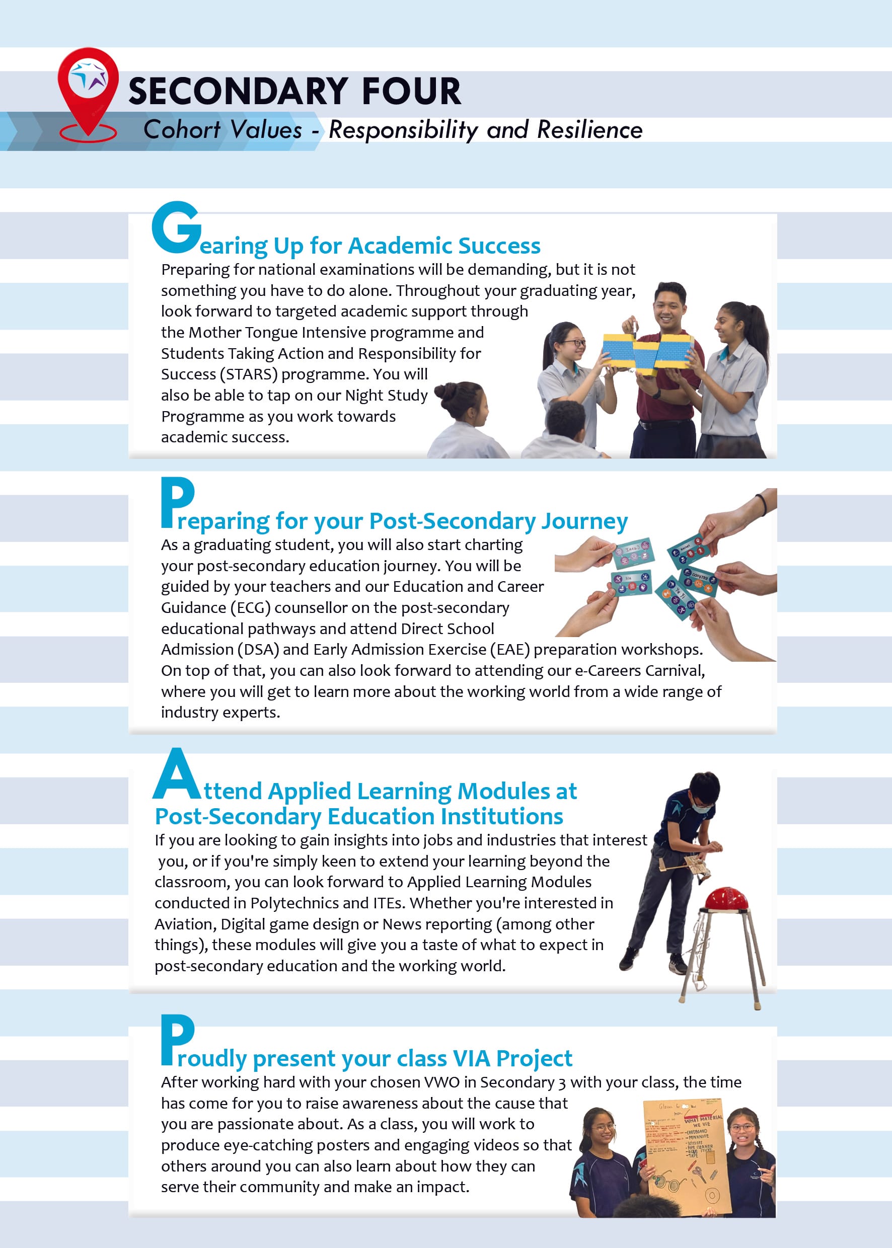 Secondary Four school flyer listing cohort values and programmes including academic support and post-secondary guidance.