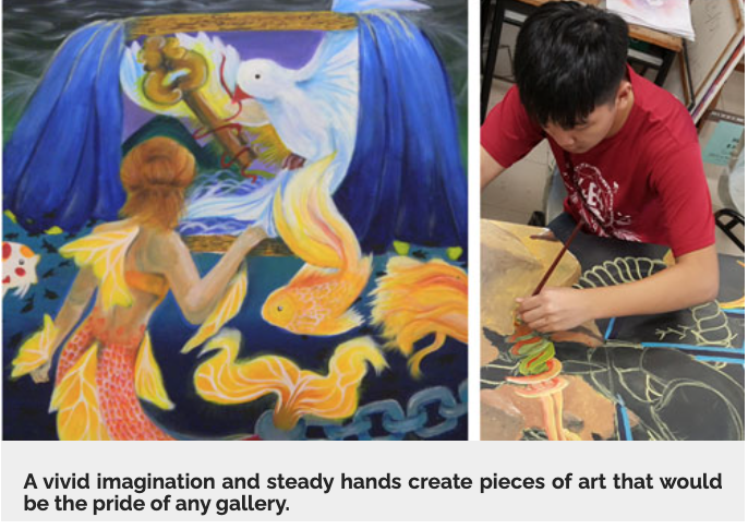 A boy in a red shirt paints on dark canvas beside a colorful mural of a mermaid and a white bird.
