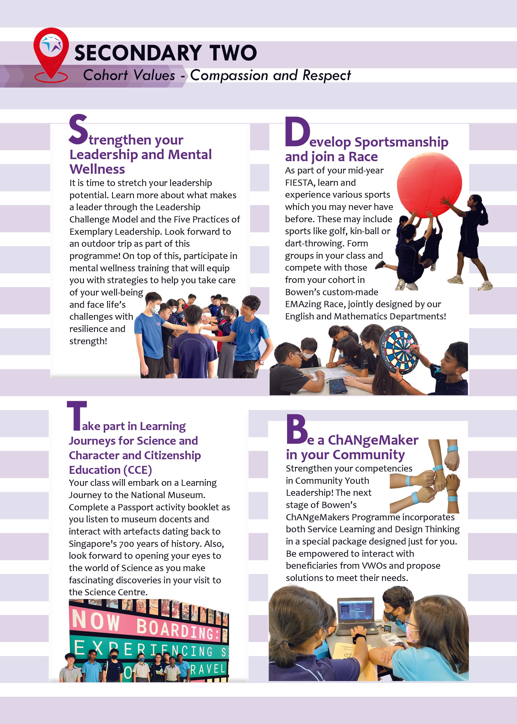 Secondary Two school programme flyer covering leadership, sportsmanship, learning journeys, and community service activities.