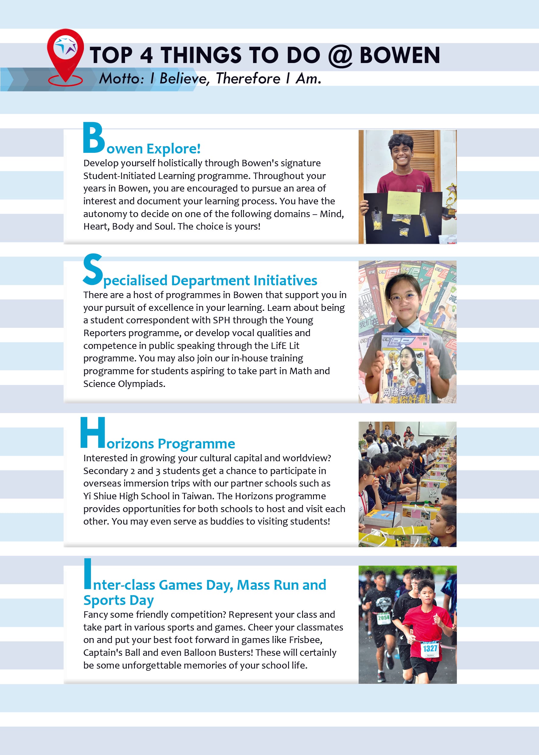 Flyer titled Top 4 Things to Do at Bowen Secondary School with text and four student activity photos.
