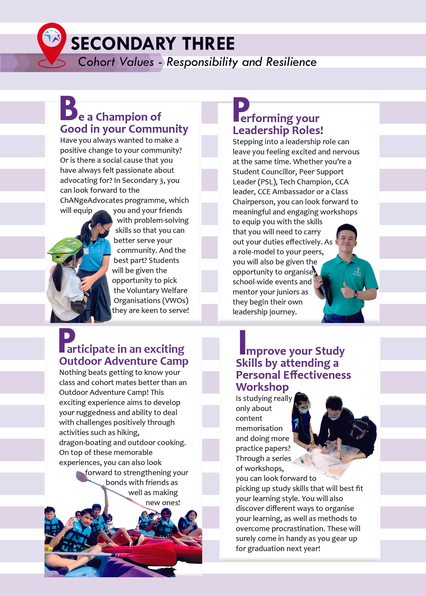 Flyer for Secondary Three cohort highlighting programs on community service, leadership, outdoor camp, and study skills.