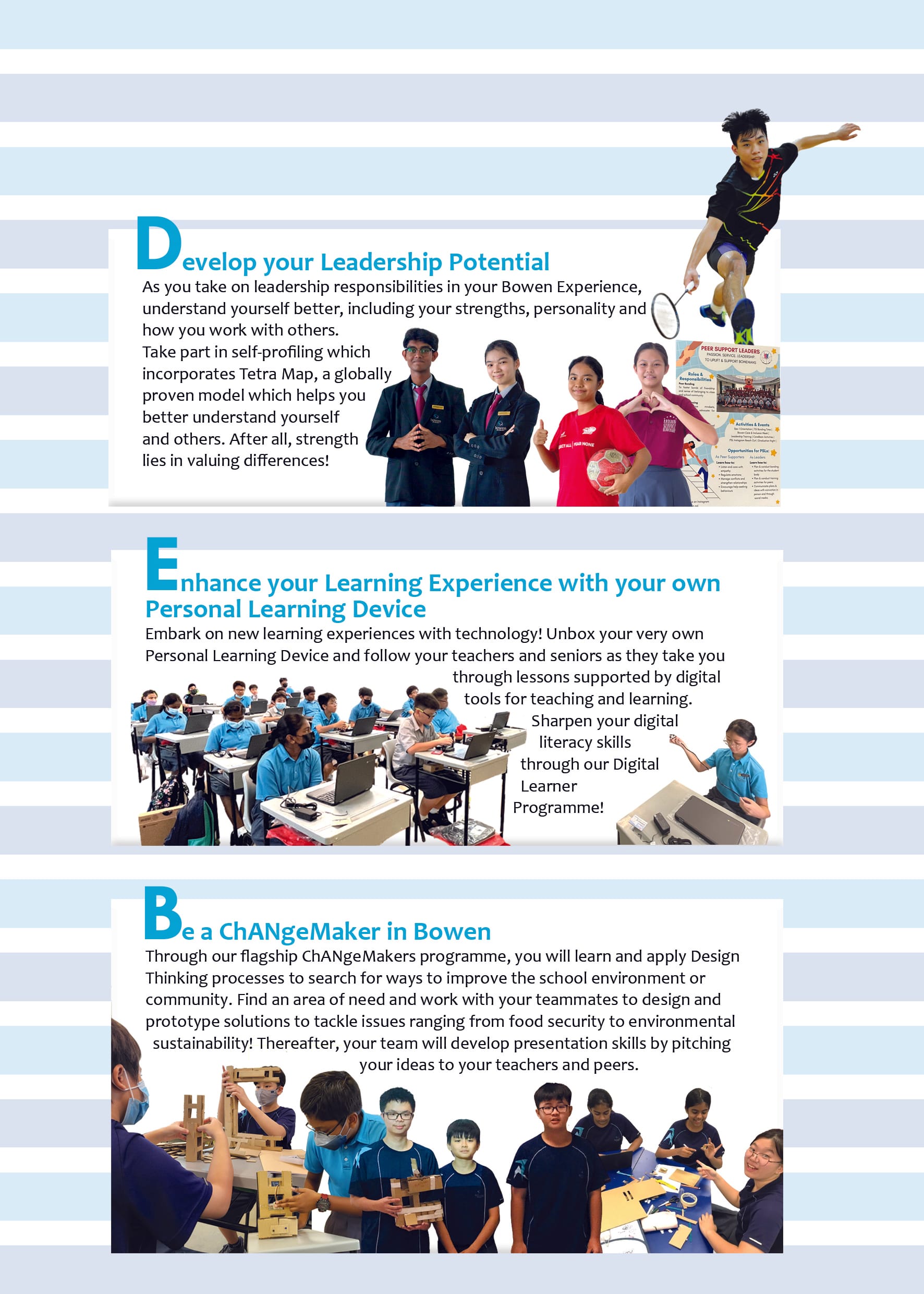 School brochure showing students in leadership, digital learning, and hands-on ChANgeMakers activities.