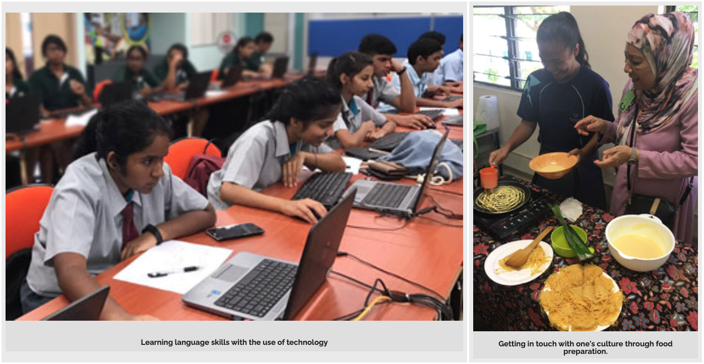 Students use laptops in a classroom; separately, two people prepare traditional food with bowls and ingredients on a table.