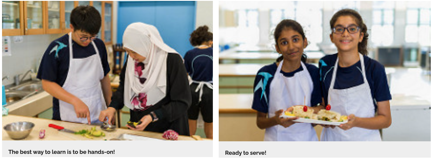 Two school cooking class scenes: students chopping food in aprons, and two girls smiling while holding a finished dish.