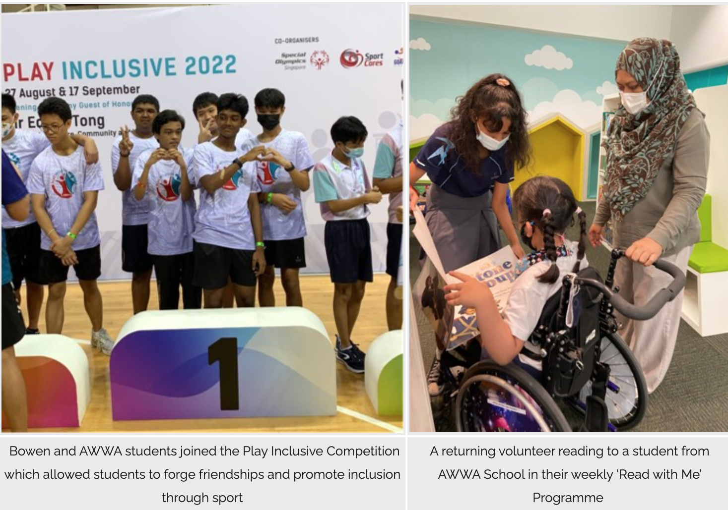 Two photos: students posing at Play Inclusive 2022 podium, and a volunteer reading to a child in a wheelchair.