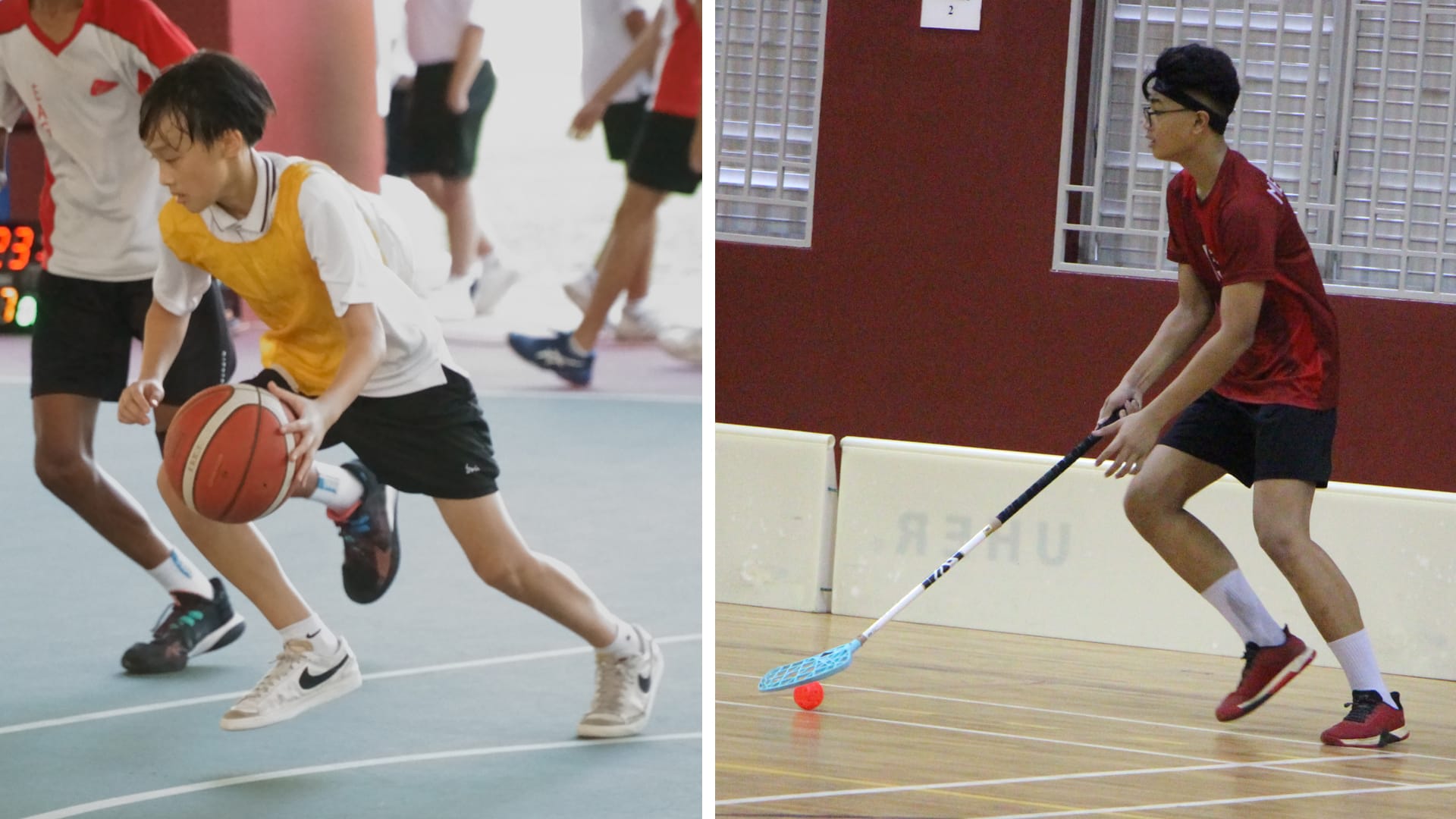 Two teen boys playing indoor sports: one dribbling a basketball, the other playing floorball with a stick and orange ball.