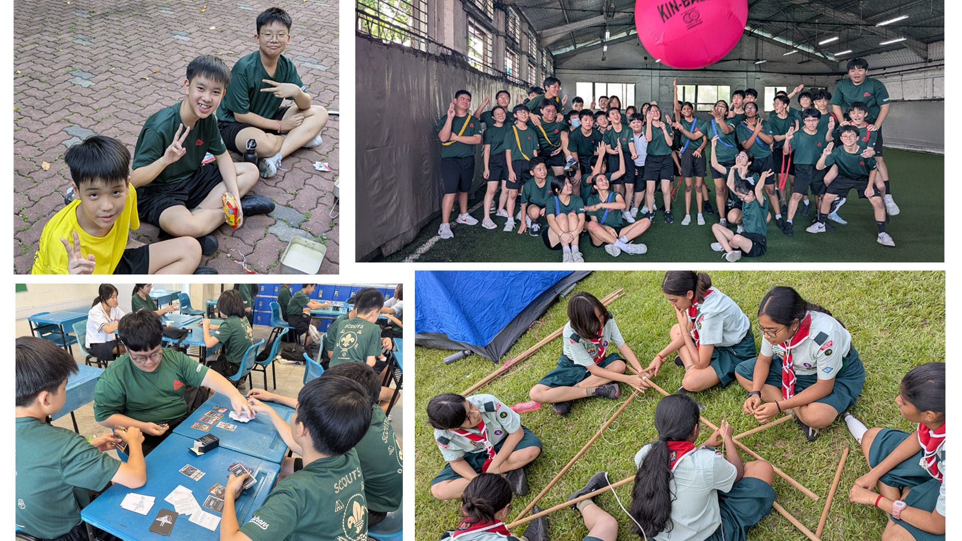 Four photos of scouts doing activities: posing, group photo with pink ball, playing cards, and building with sticks on grass.