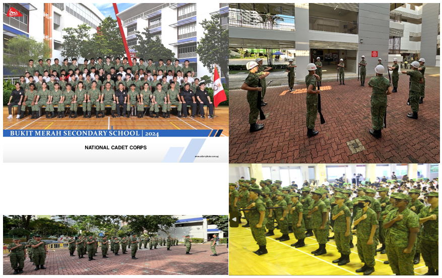 Bukit Merah Secondary School 2024 National Cadet Corps collage showing cadets in uniform during drills and a group photo.