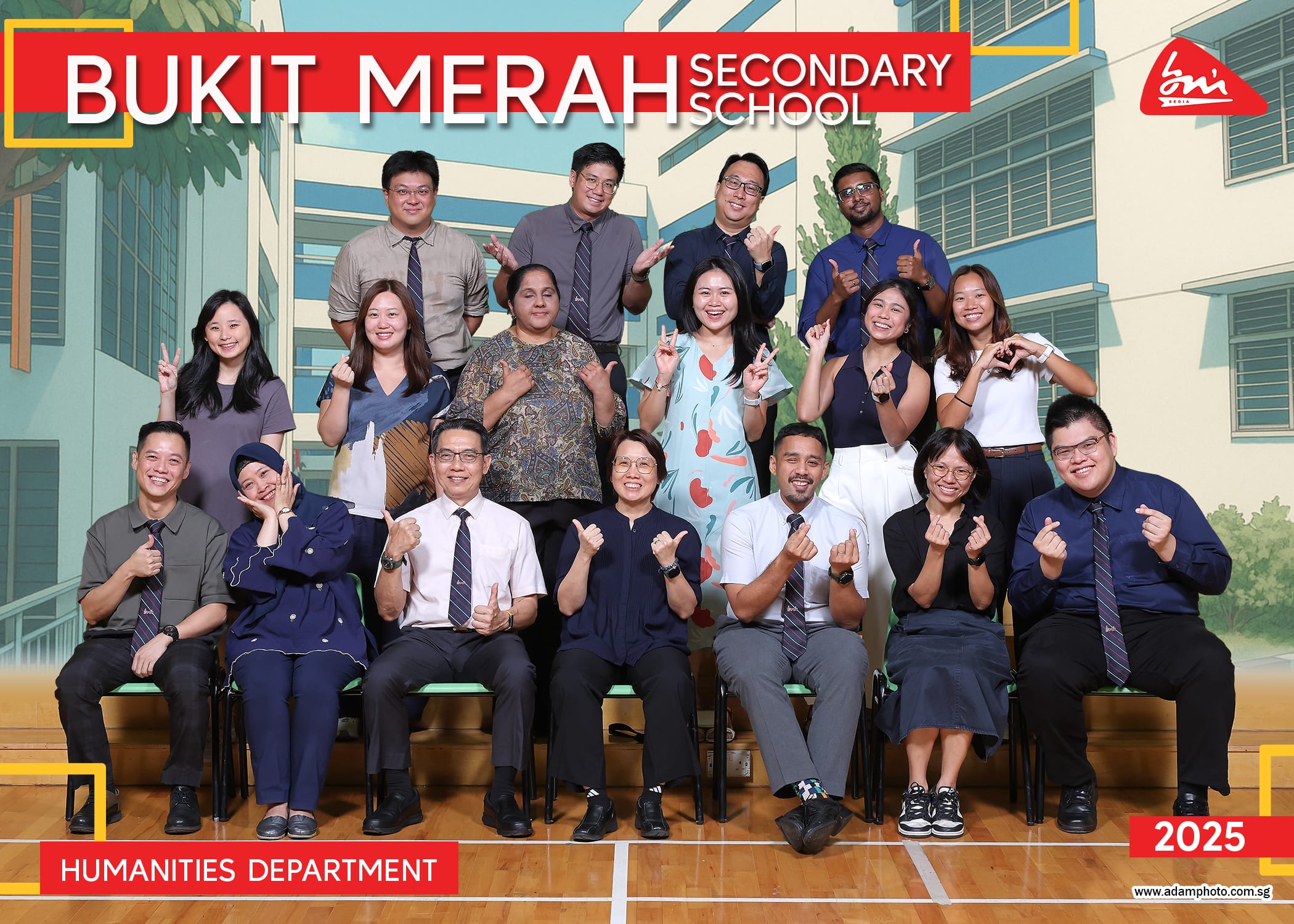 Bukit Merah Secondary School Humanities Department 2025 group photo with about 16 smiling staff posing together.