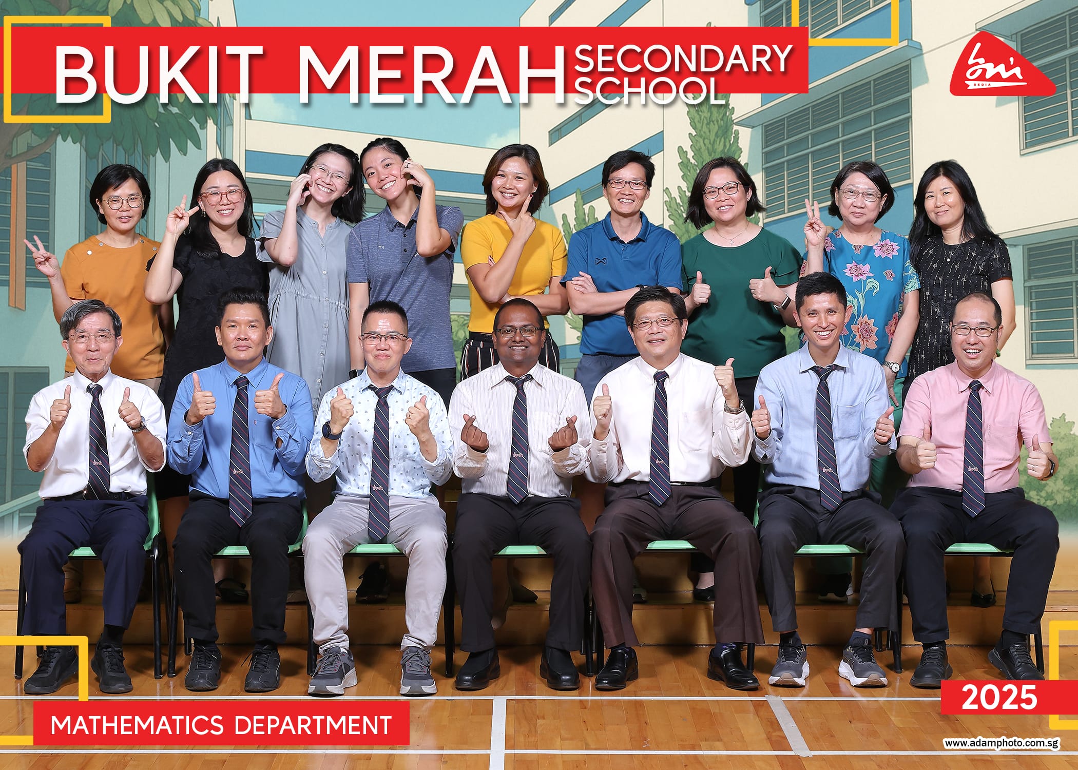 Group photo of Bukit Merah Secondary School mathematics staff, 2025, many smiling with thumbs up.
