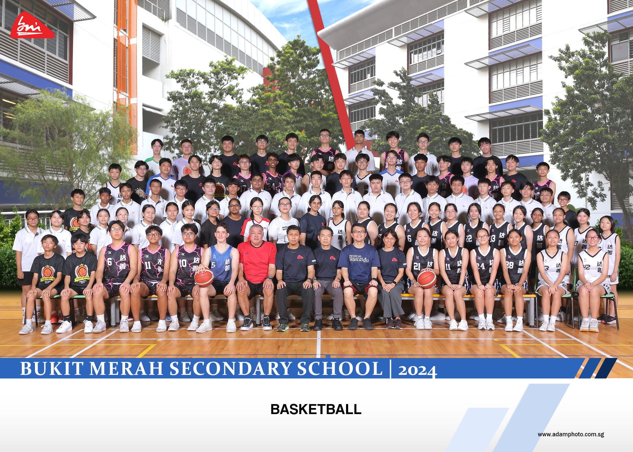 Bukit Merah Secondary School 2024 basketball team group photo on a court with coaches and students in jerseys.