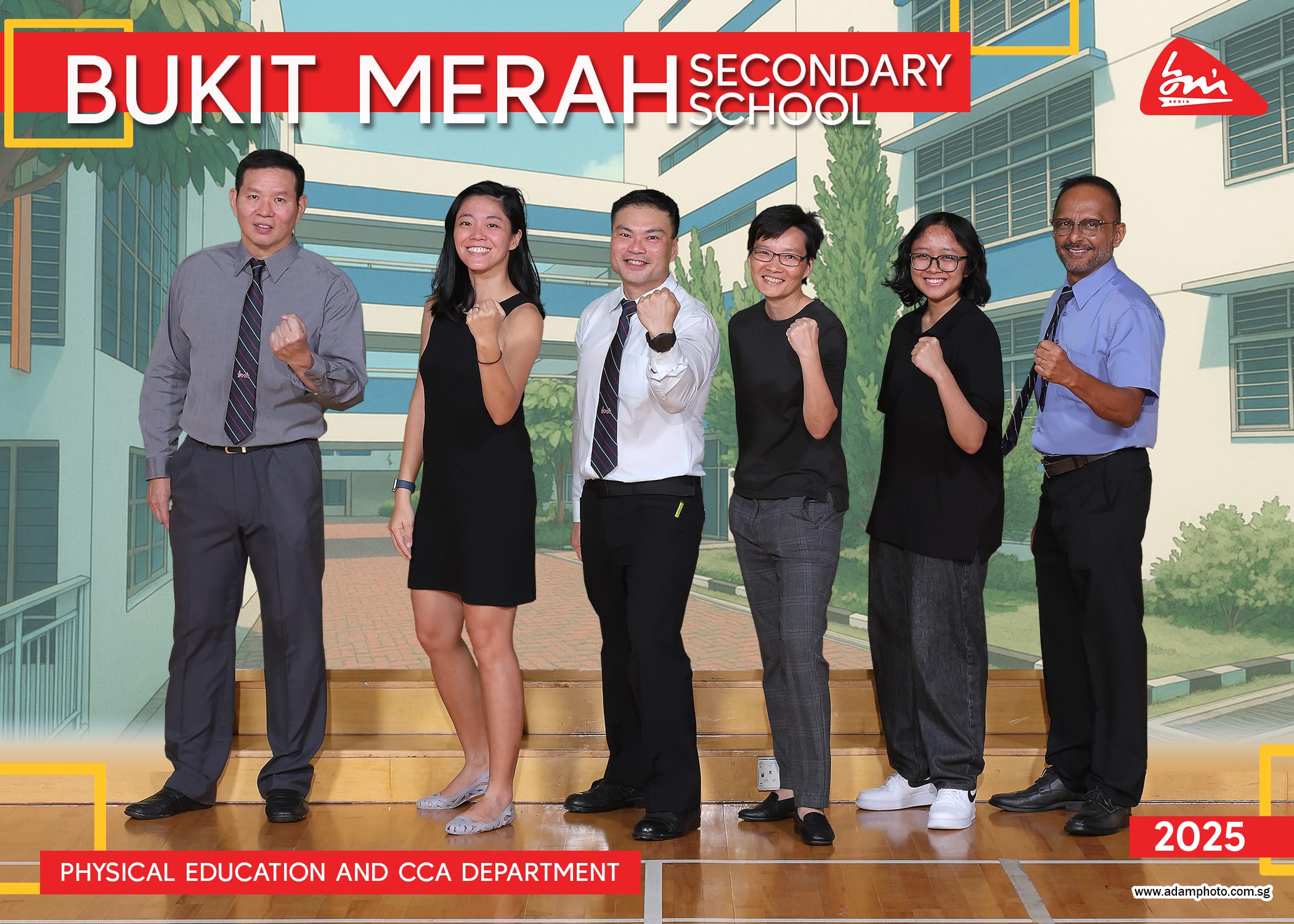 Six staff members of Bukit Merah Secondary School's PE and CCA Department pose with fists raised in a 2025 photo.