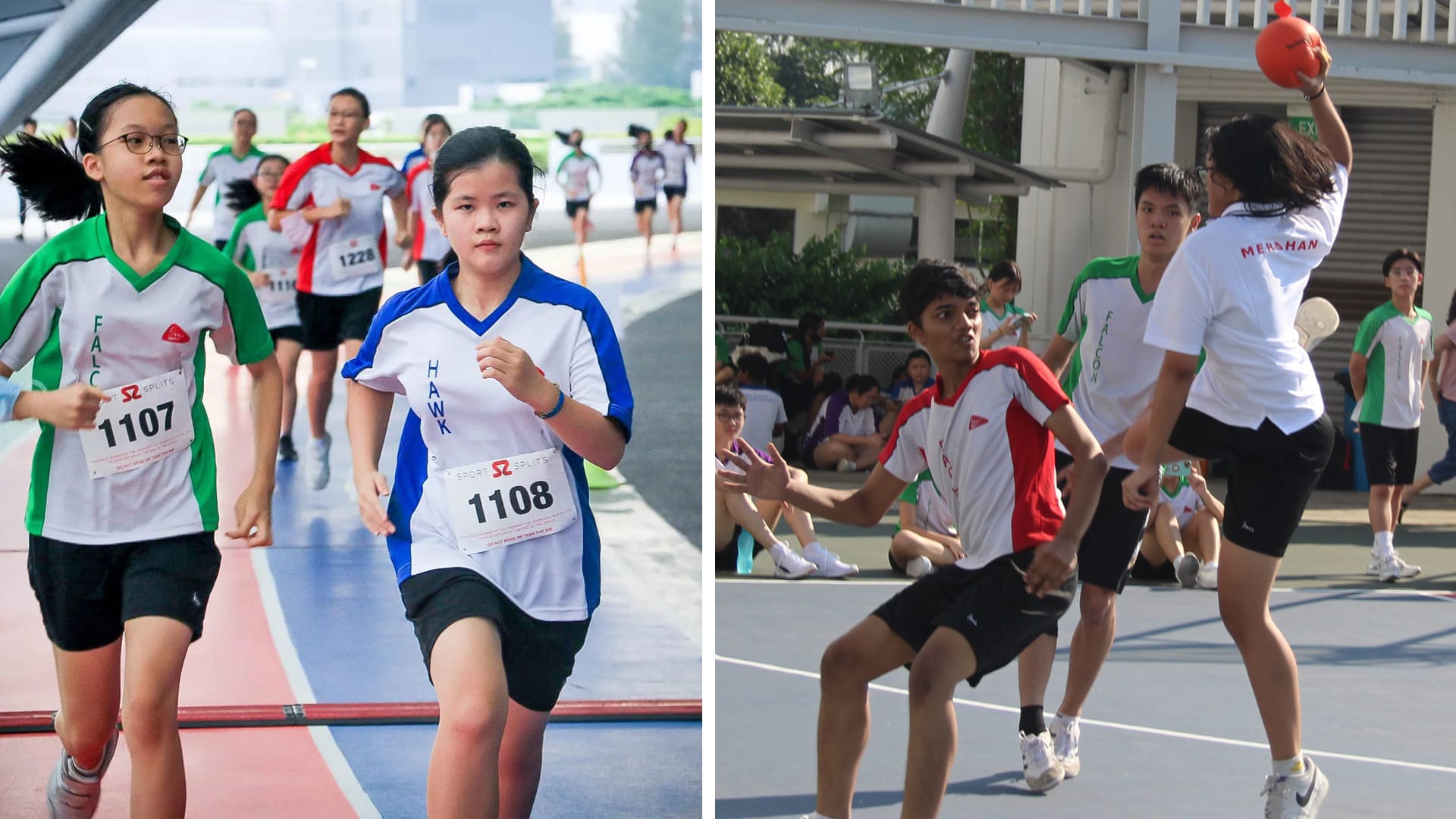 Students compete in two school sports events: a running race with numbered bibs and a handball match on an outdoor court.