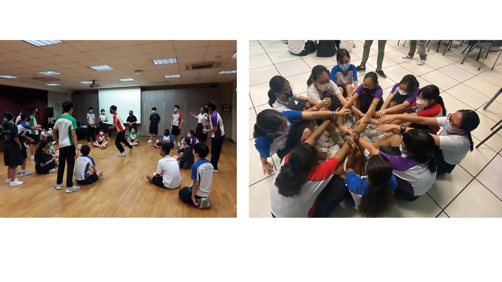 Students in a hall activity and a group joining hands in a circle on a tiled floor, all wearing masks.