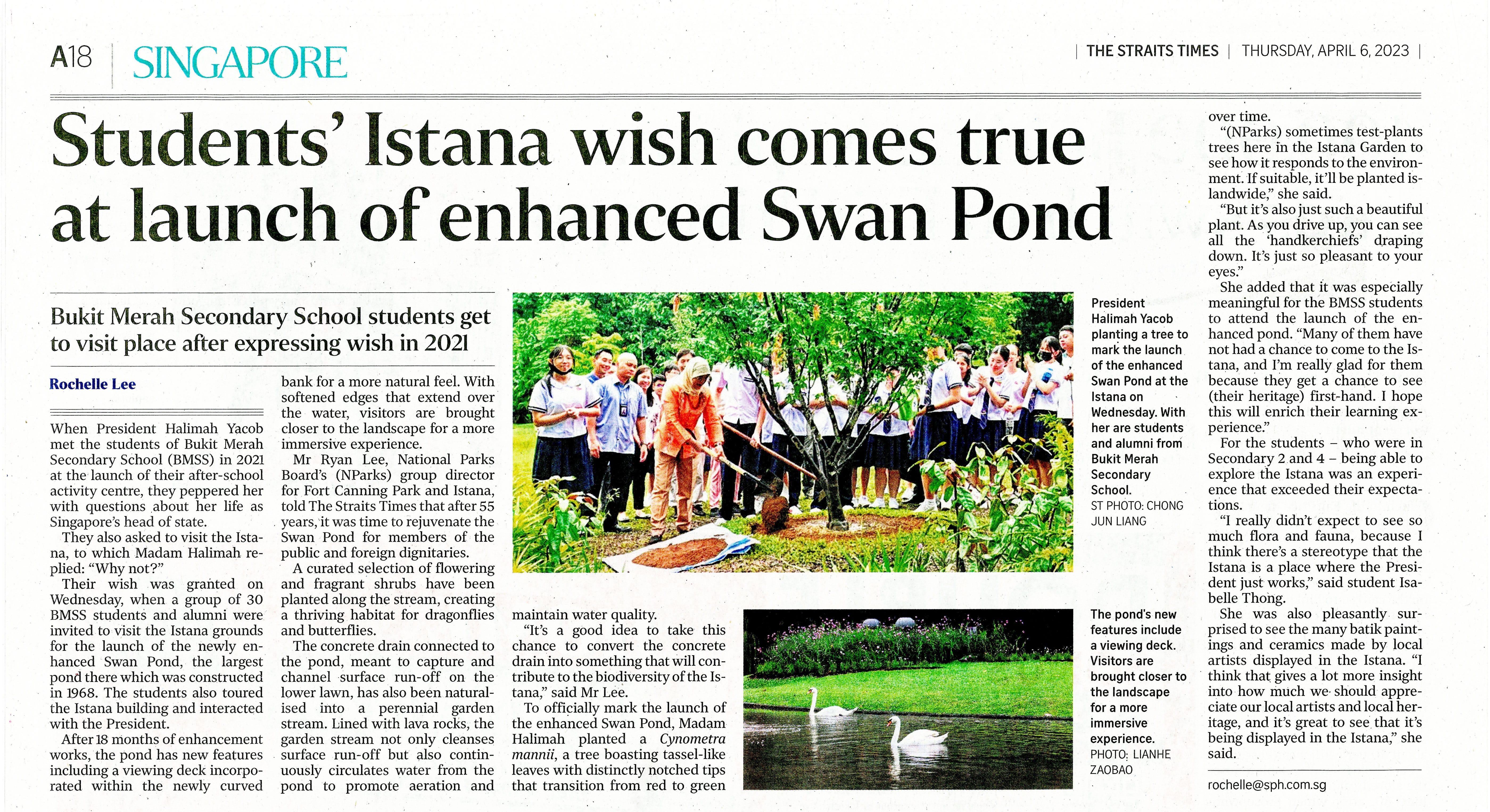 Newspaper page with headline about enhanced Swan Pond; photos show a group planting a tree and swans in water.