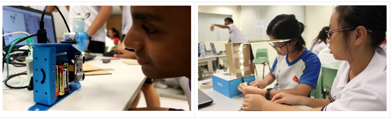 Two scenes of students working on hands-on projects: one examining a blue robot device, two others building a cardboard structure.