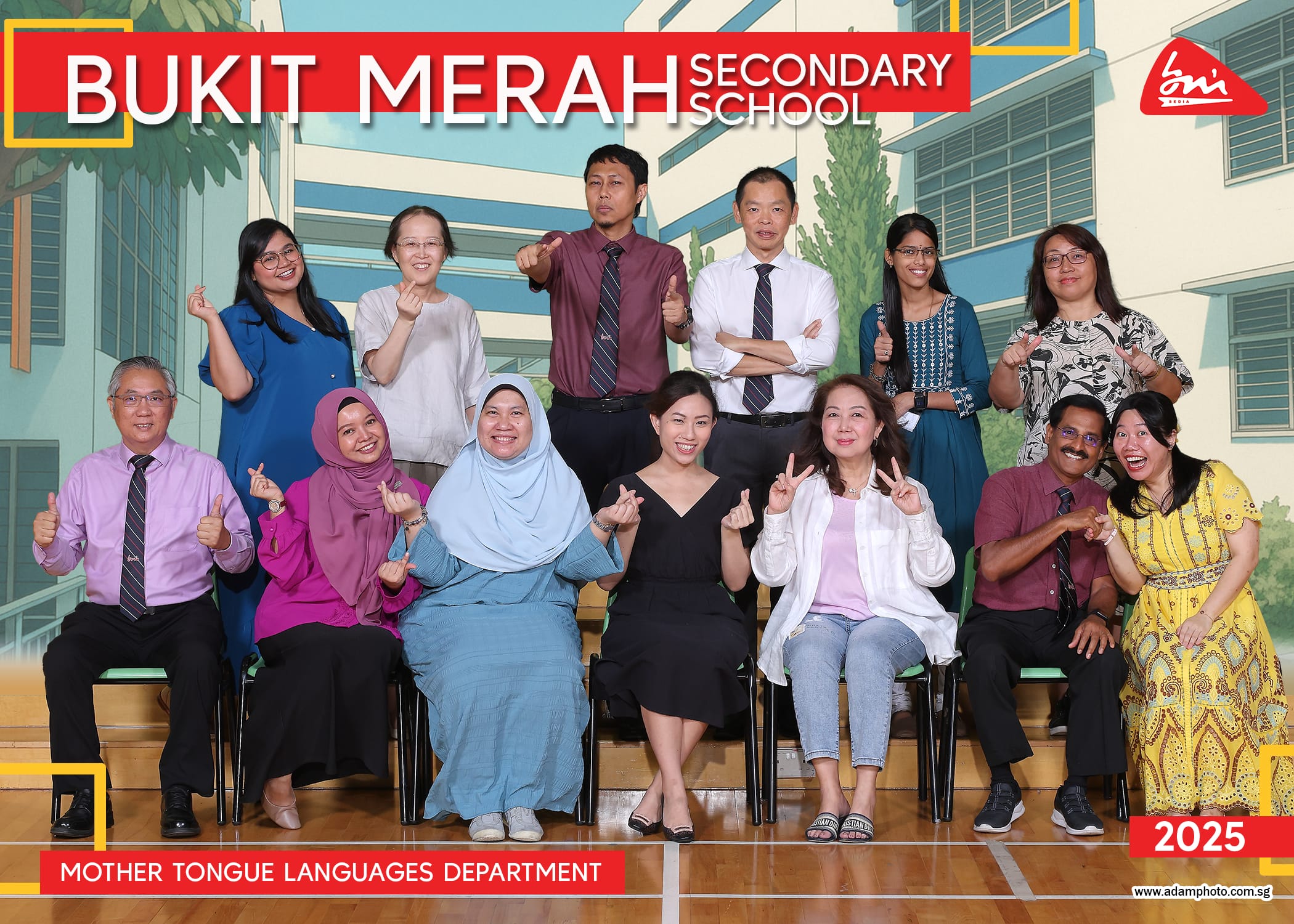 Group of 12 staff posing in front of school mural; banner reads Bukit Merah Secondary School, 2025.