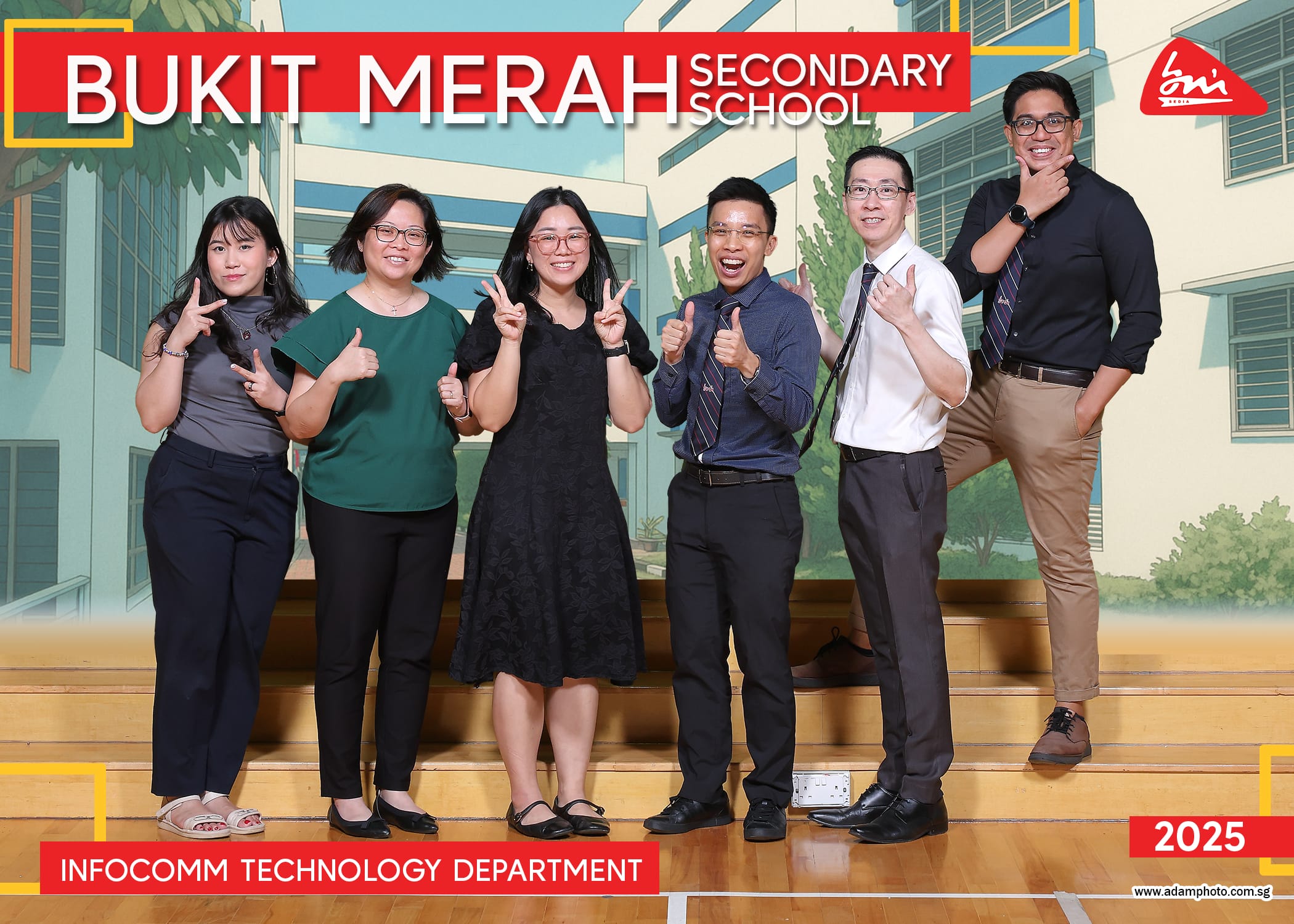 Six smiling staff members pose for Bukit Merah Secondary School Infocomm Technology Department 2025 photo.