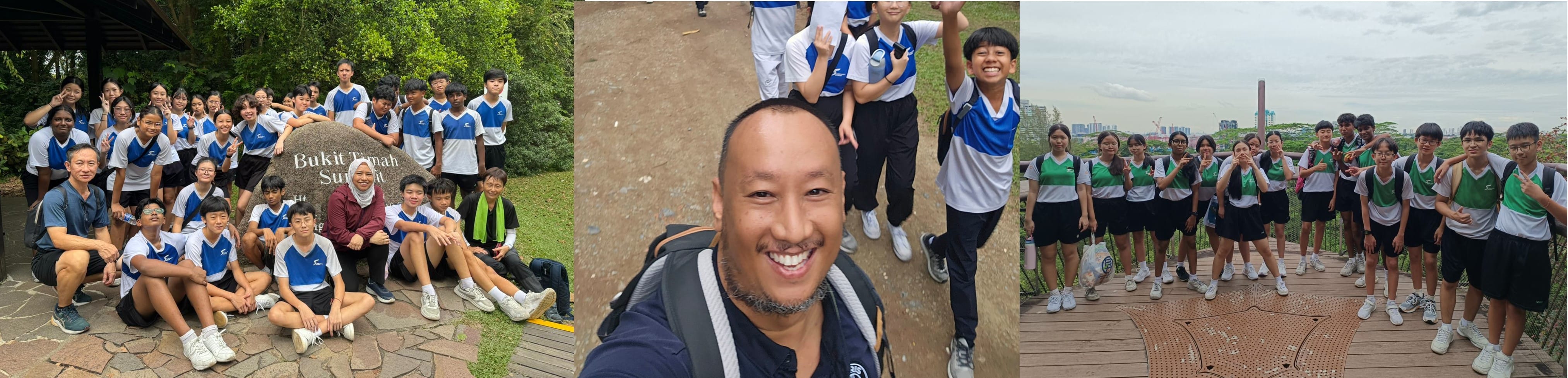 Three photos of students in school uniforms at Bukit Timah Summit, posing with a smiling adult teacher outdoors.