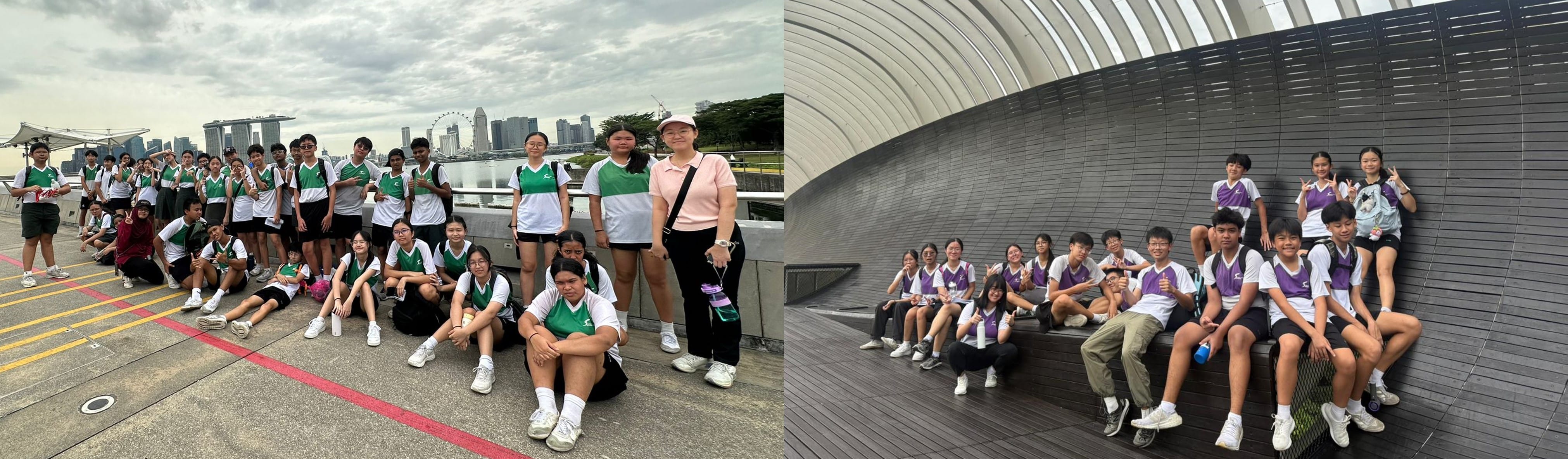 Two group photos of students in uniforms, one outdoors by Singapore skyline, one inside a curved architectural structure.
