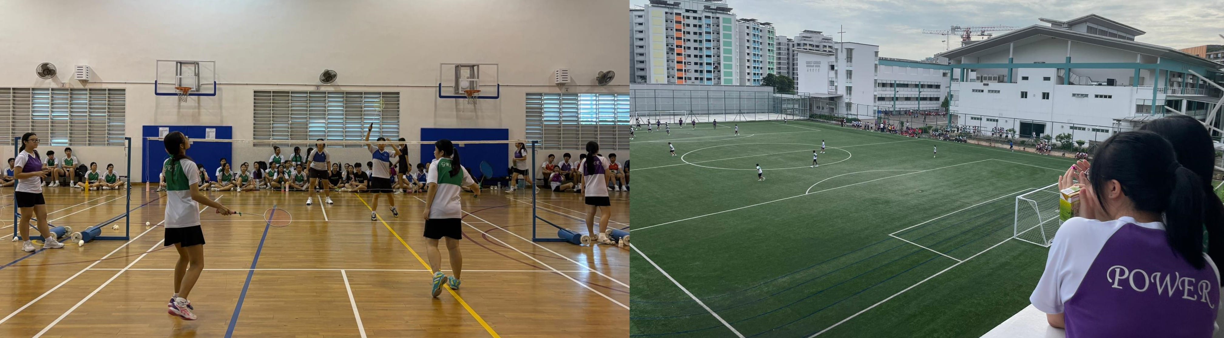 Students play badminton in an indoor gym on the left, while others play soccer on an outdoor field on the right.