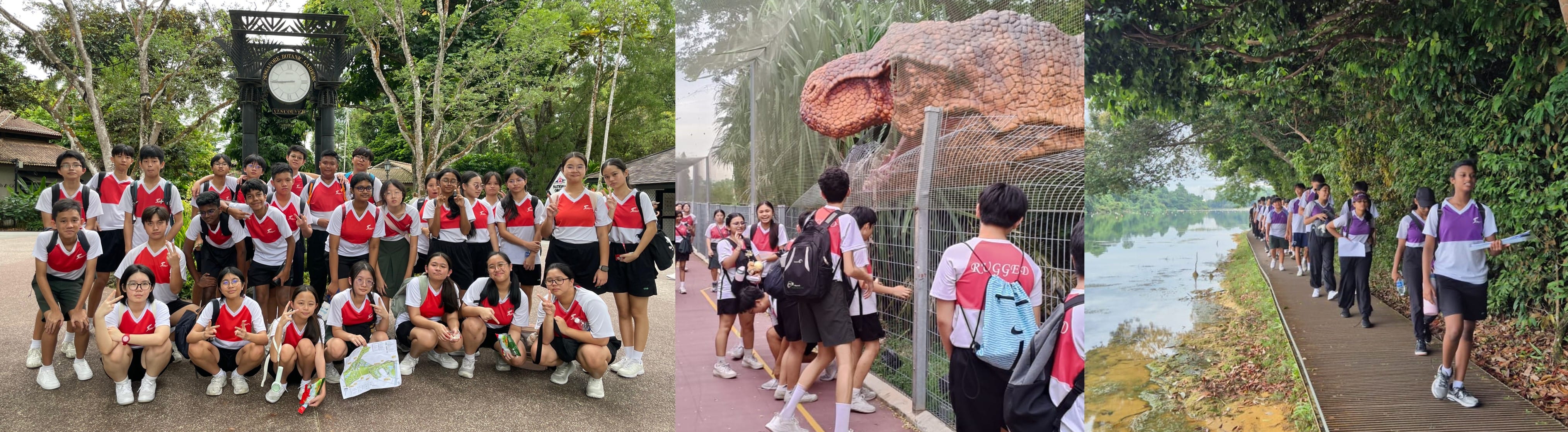Students in red and white uniforms pose, view a dinosaur statue through a fence, and walk a nature trail.