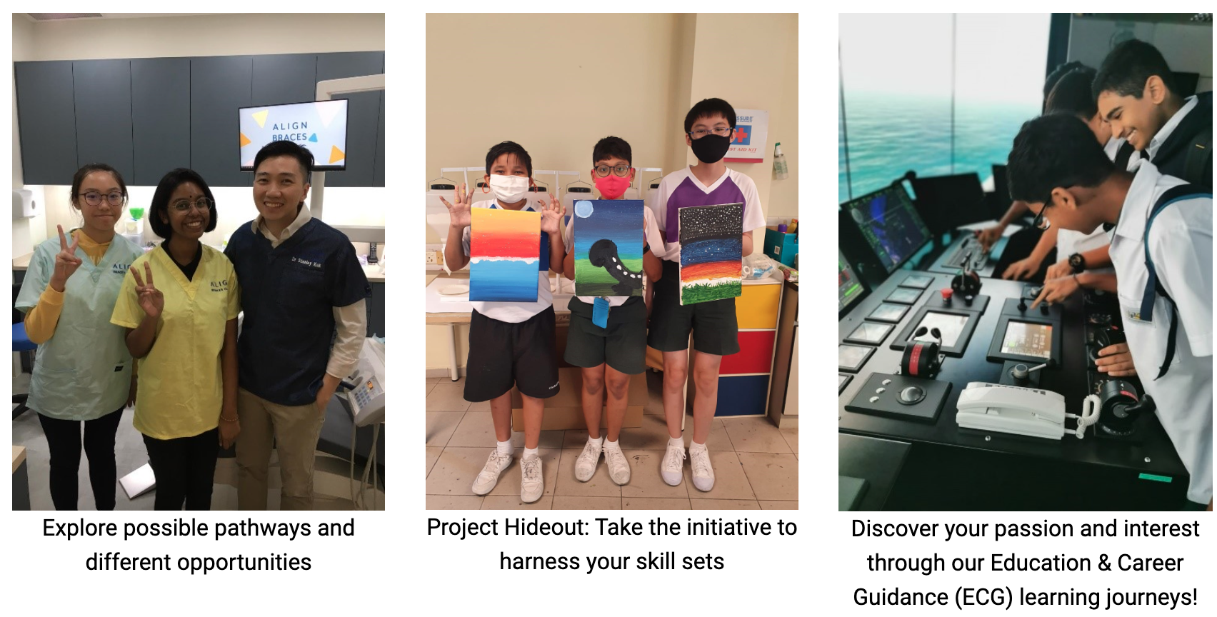 Three panels show students at a dental clinic, holding paintings, and operating ship navigation equipment.