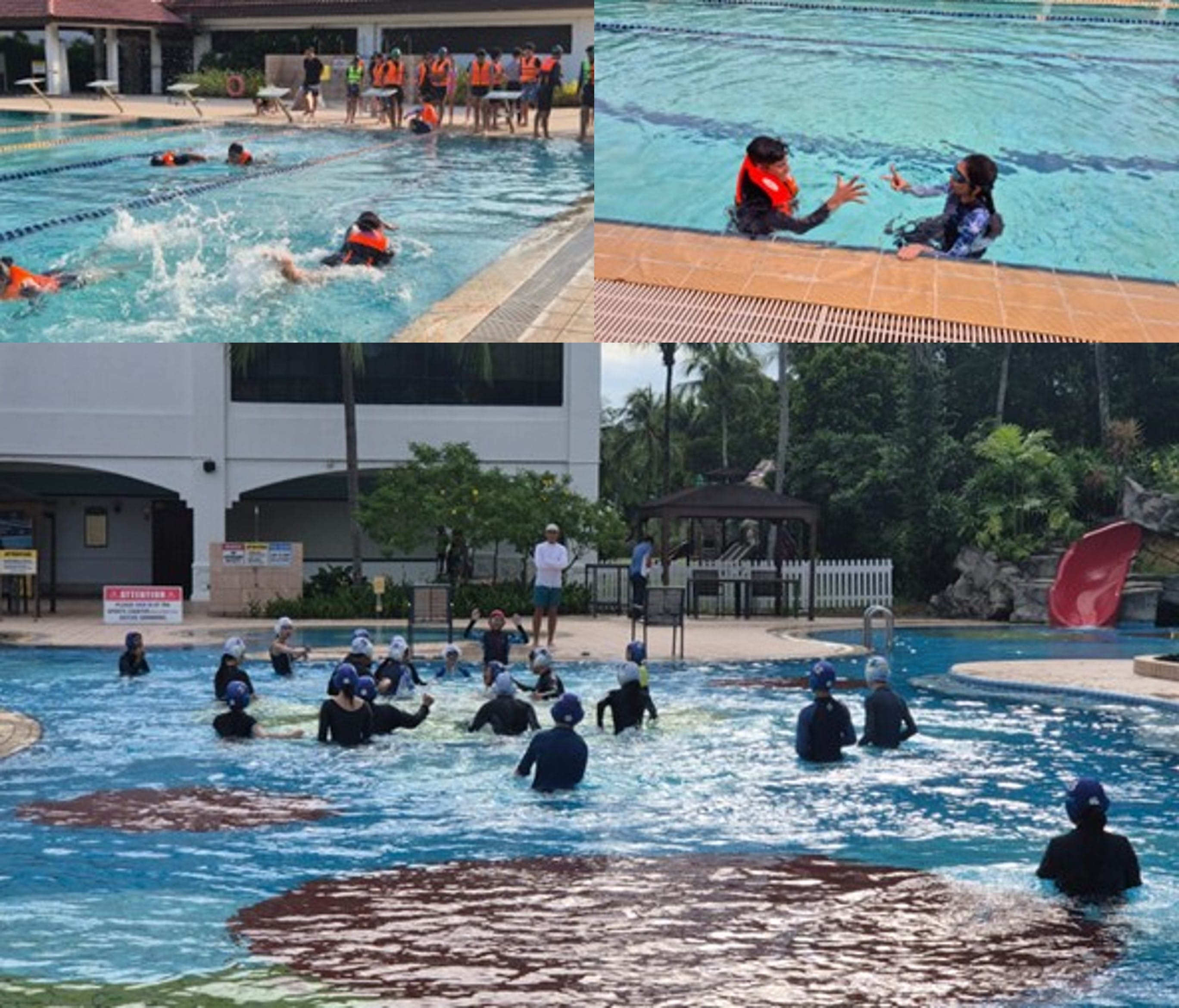 Three pool scenes showing groups of people in water safety training, some wearing orange life vests and swim caps.