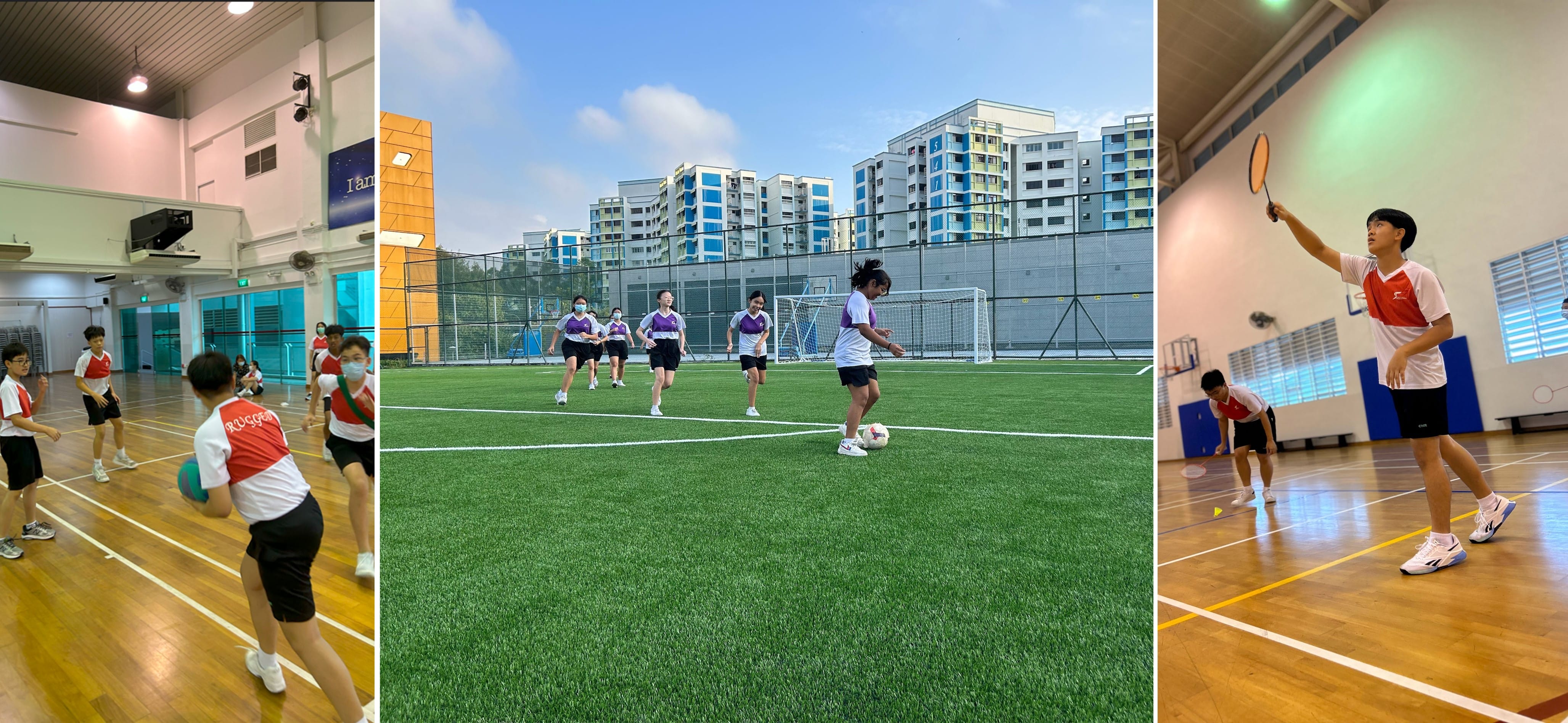 Three panels show school students playing dodgeball indoors, soccer on a green turf field, and badminton in a gymnasium.