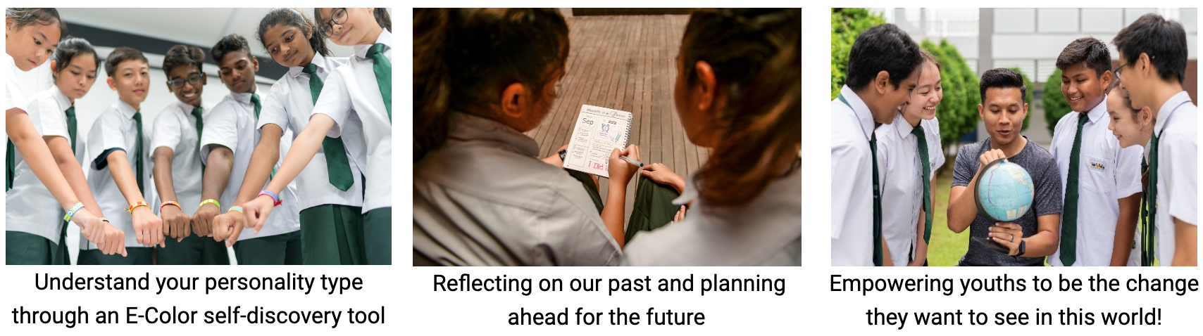 Three panels show uniformed students stacking hands, writing in a notebook, and gathered around a globe with an adult.