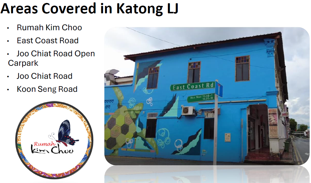 Blue building with a turtle mural at East Coast Road corner, beside the Rumah Kim Choo circular logo.