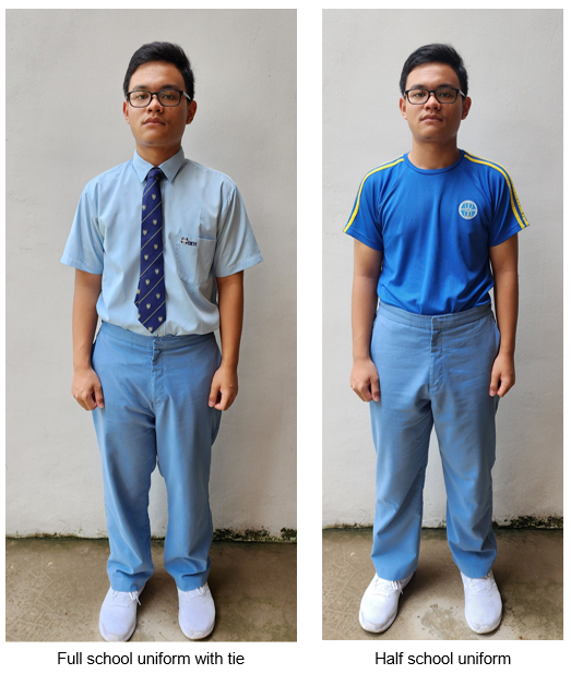 Two side-by-side photos of a male student showing full school uniform with tie and half uniform with blue sports shirt.