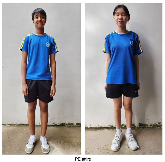 Two students wearing blue PE shirts with yellow sleeve stripes and black shorts, standing against a gray wall.