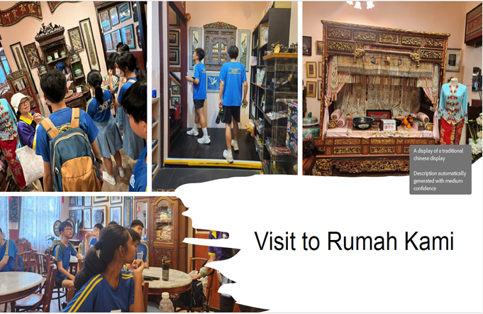 Students in blue uniforms visiting Rumah Kami, exploring traditional cultural displays and ornate wooden furniture.
